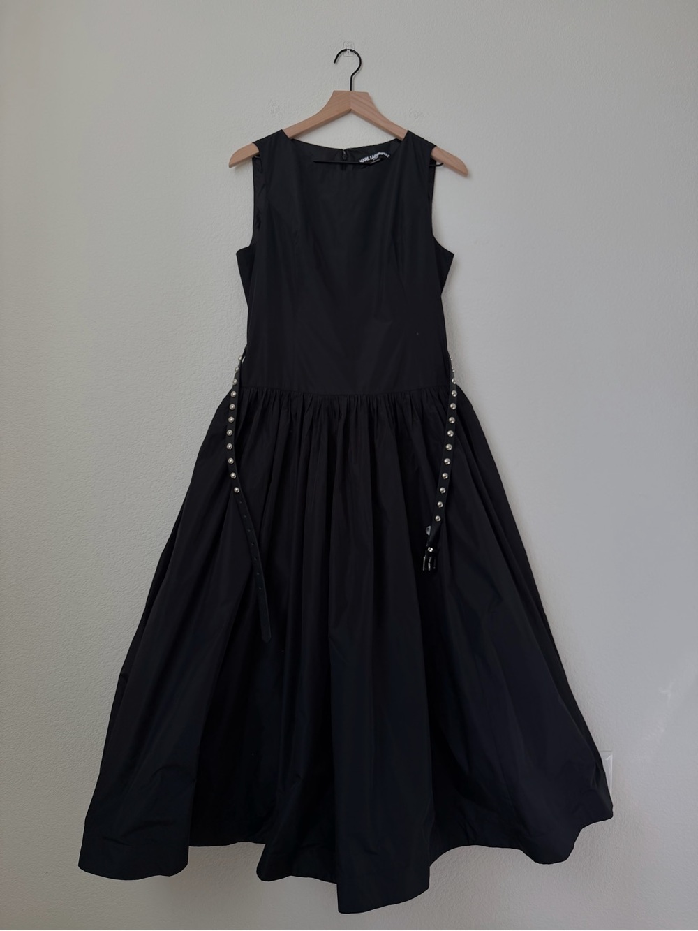 Karl Lagerfeld Taffeta Drop Waist Ball Gown Sleeveless Black Midi Dress Size 10 - Picture 11 of 15
